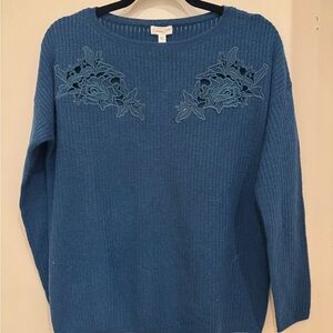 Garnet Hill 100% Cashmere Blue Sweater with Floral Detail